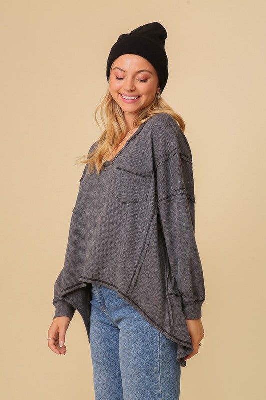 Thermal High Low V-Neck Oversized Top us.meeeshop - 