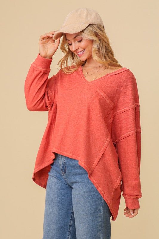 Thermal High Low V-Neck Oversized Top us.meeeshop - 