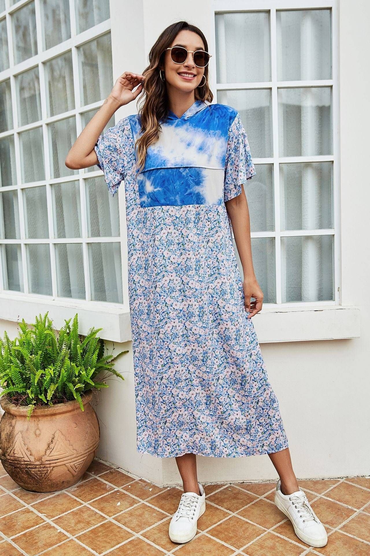 Tie-Dye Floral Flutter Sleeve Hooded Dress us.meeeshop - Dresses