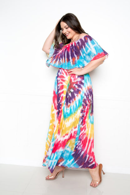 Tie Dye Off Shoulder Pleated Maxi Dress | us.meeeshop