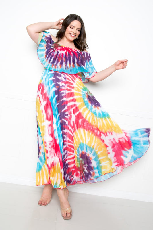 Tie Dye Off Shoulder Pleated Maxi Dress | us.meeeshop