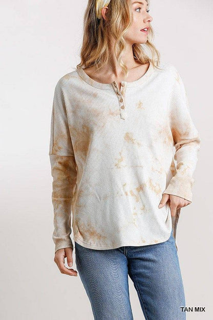 Tie Dye Round Neck Ribbed Button Front Top With Round Hem | us.meeeshop