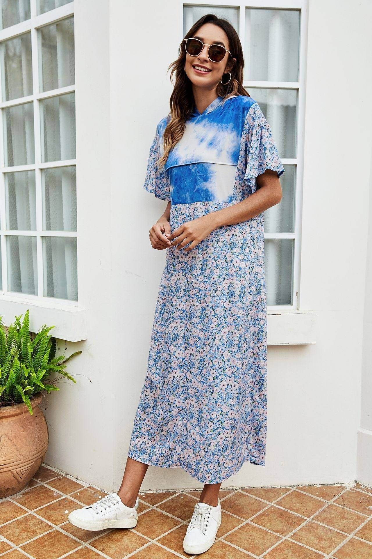 Tie-Dye Floral Flutter Sleeve Hooded Dress - us.meeeshop