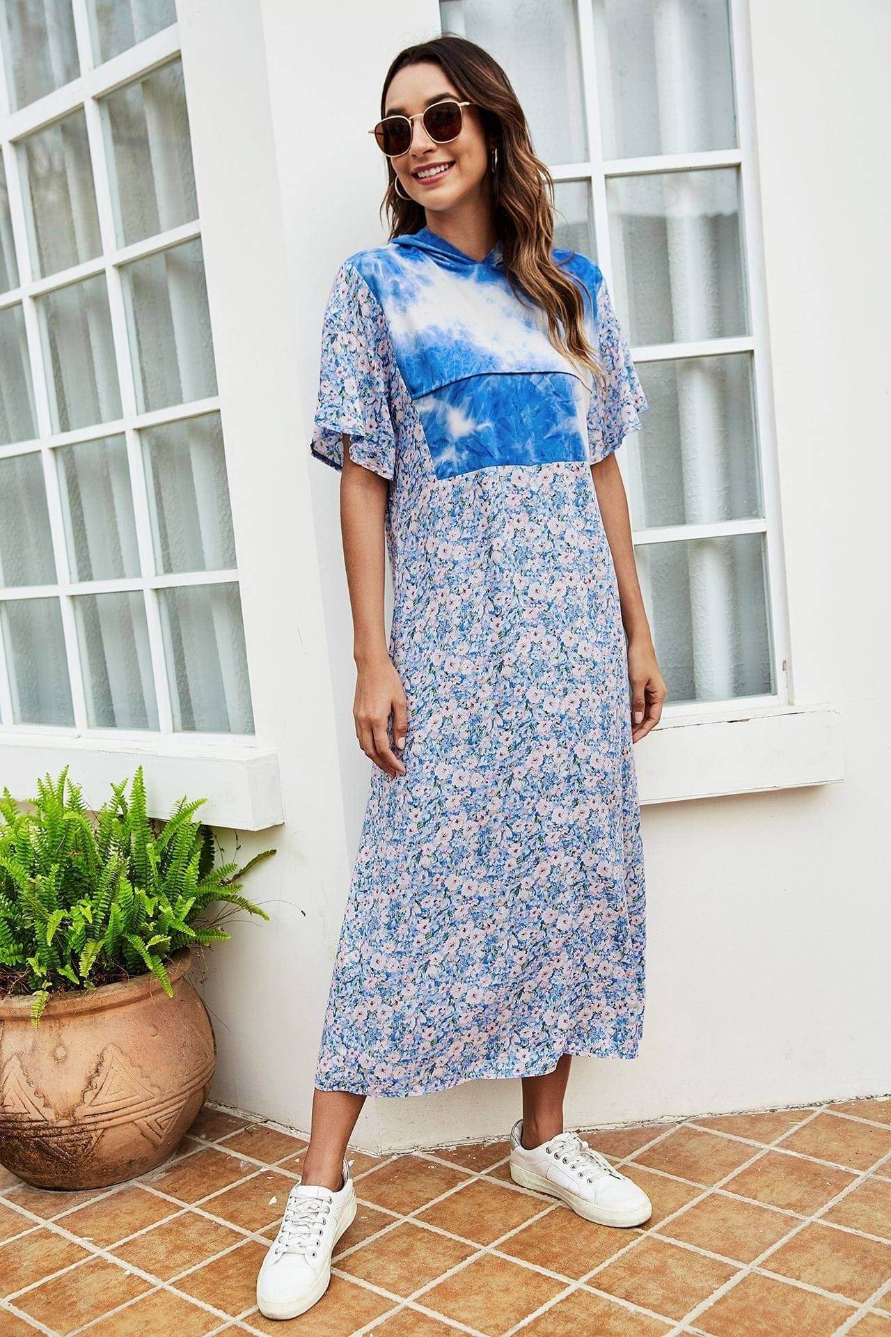 Tie-Dye Floral Flutter Sleeve Hooded Dress - us.meeeshop