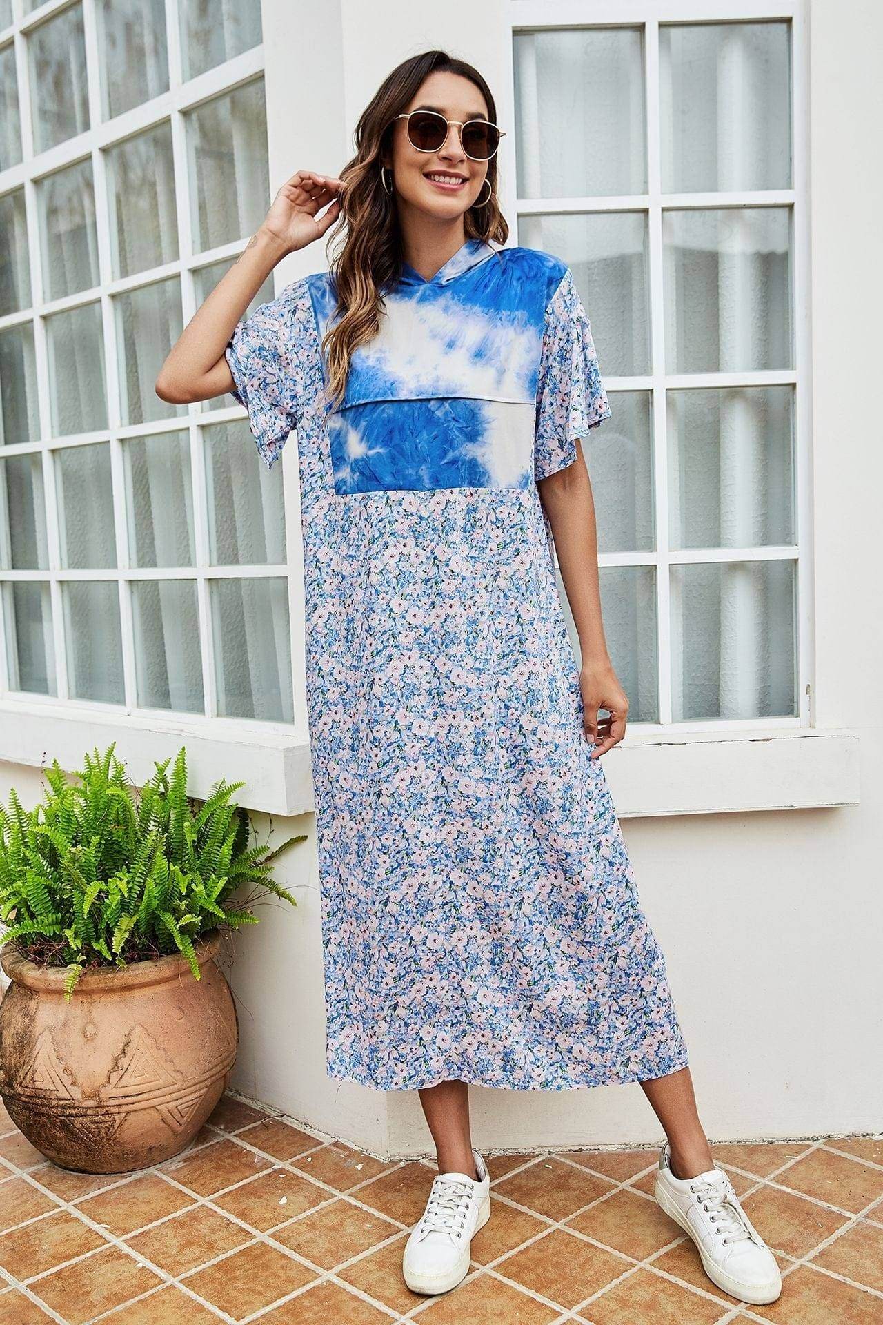 Tie-Dye Floral Flutter Sleeve Hooded Dress - us.meeeshop