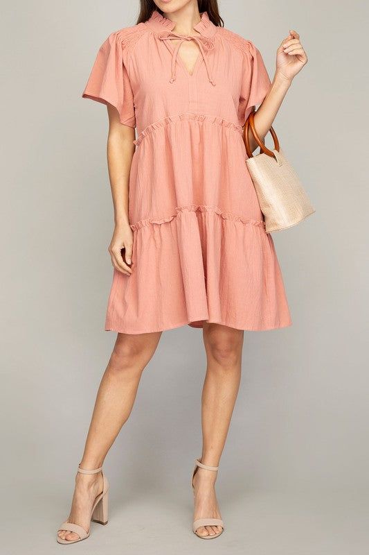 Tiered mini dress with tie us.meeeshop - Dresses