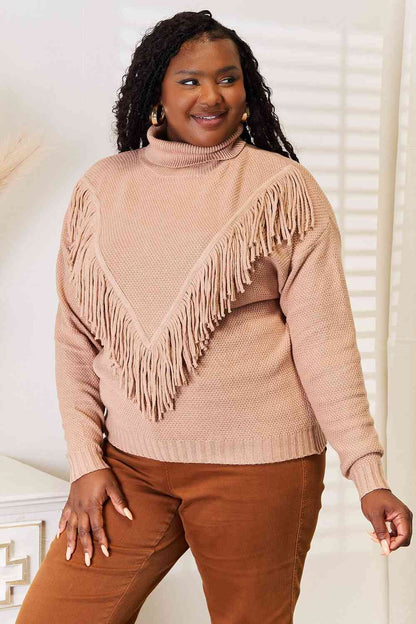 Turtleneck Fringe Front Long Sleeve Sweater us.meeeshop - 