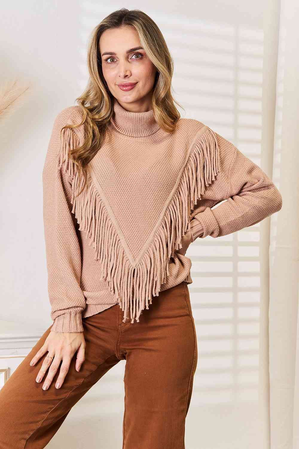 Turtleneck Fringe Front Long Sleeve Sweater us.meeeshop - Shirts & Tops