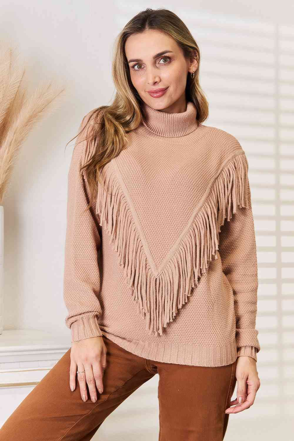 Turtleneck Fringe Front Long Sleeve Sweater us.meeeshop - 