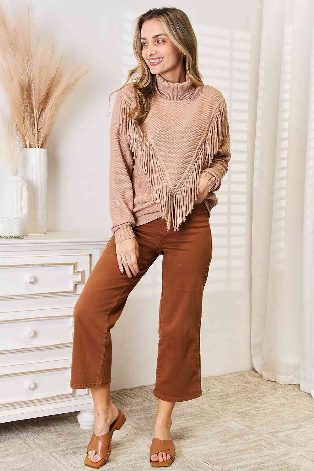 Turtleneck Fringe Front Long Sleeve Sweater us.meeeshop - 