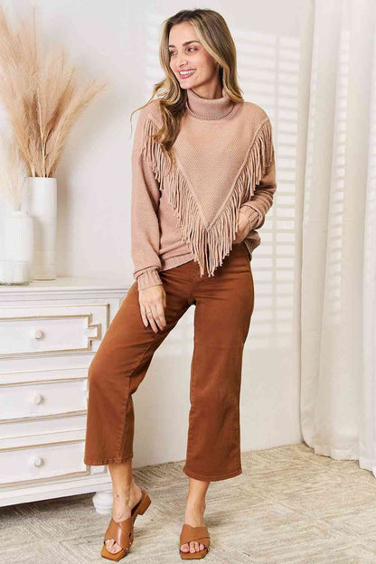 Turtleneck Fringe Front Long Sleeve Sweater us.meeeshop - 