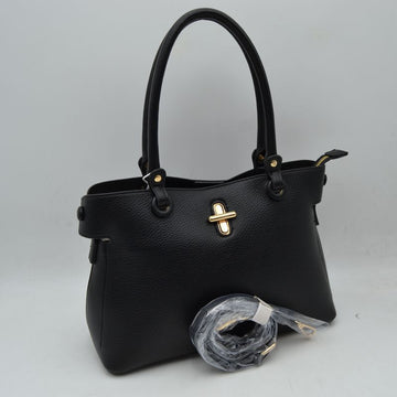Textured Top Handle Handbag with Metallic Turn-lock Accent