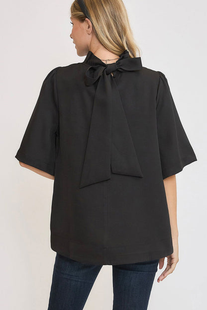 Umgee Bow Tie Back Mock Neck Half Sleeve Blouse - Black us.meeeshop - 