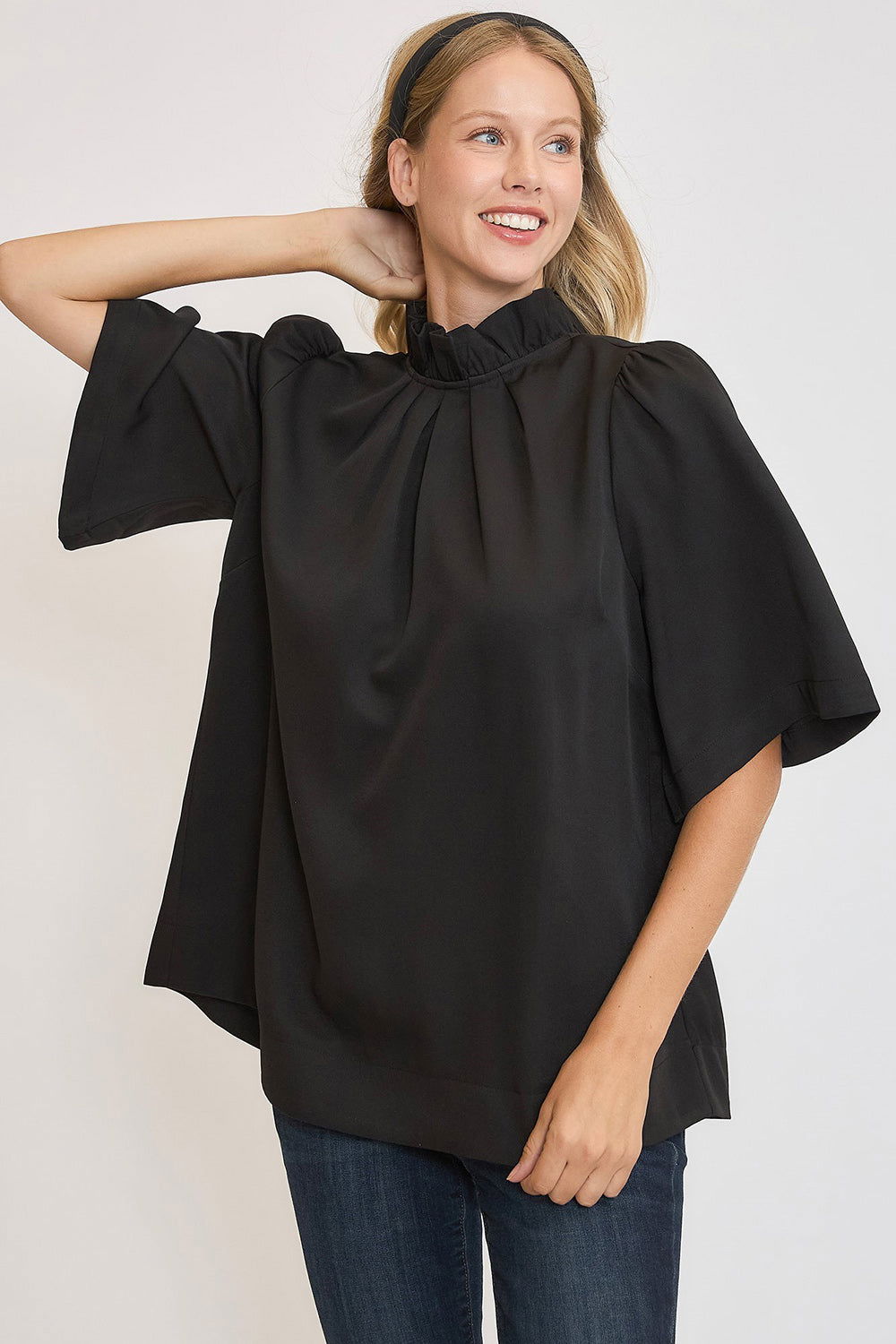 Umgee Bow Tie Back Mock Neck Half Sleeve Blouse - Black us.meeeshop - Shirts & Tops