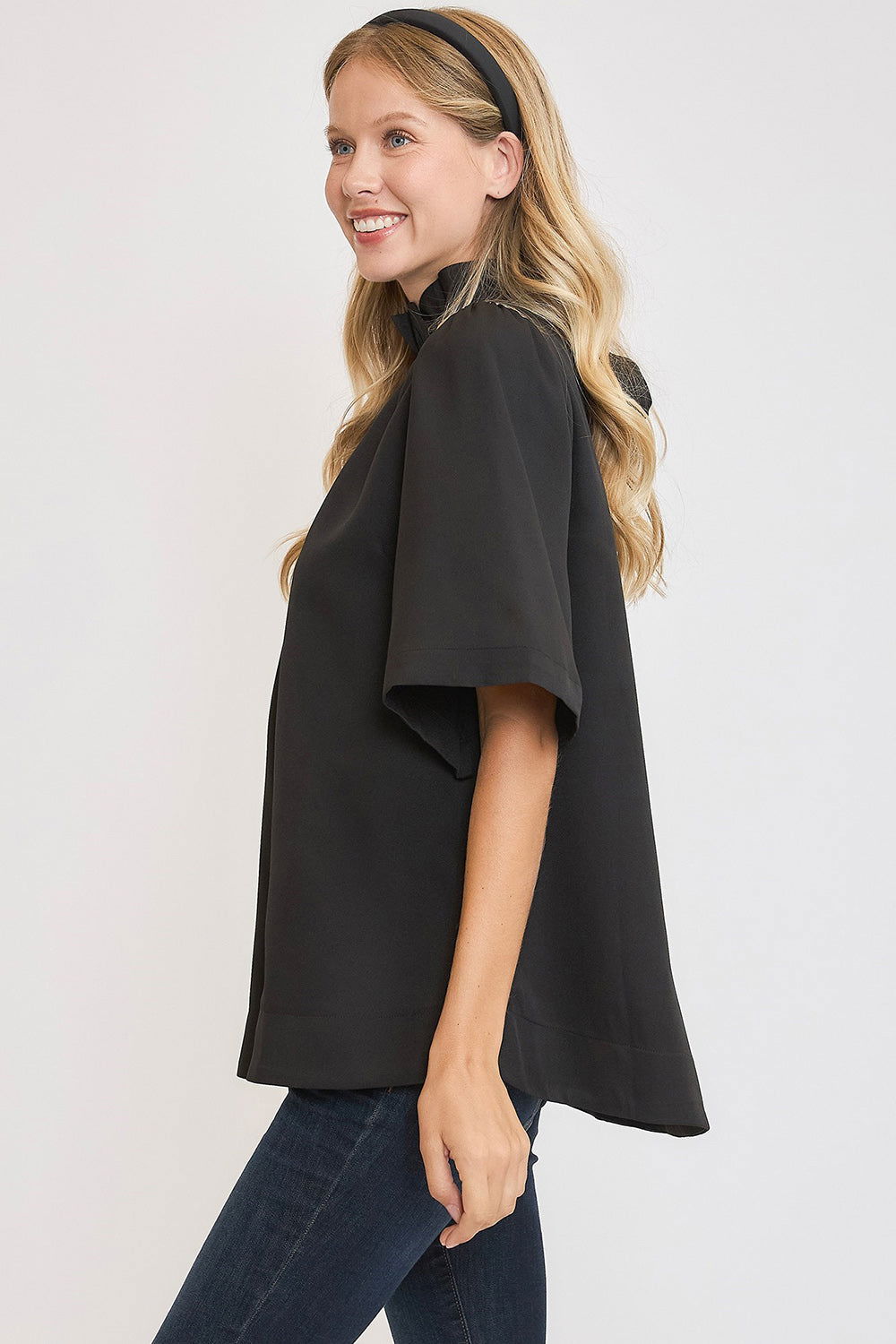 Umgee Bow Tie Back Mock Neck Half Sleeve Blouse - Black us.meeeshop - 