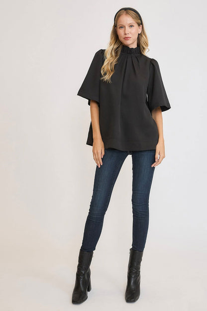 Umgee Bow Tie Back Mock Neck Half Sleeve Blouse - Black us.meeeshop - 