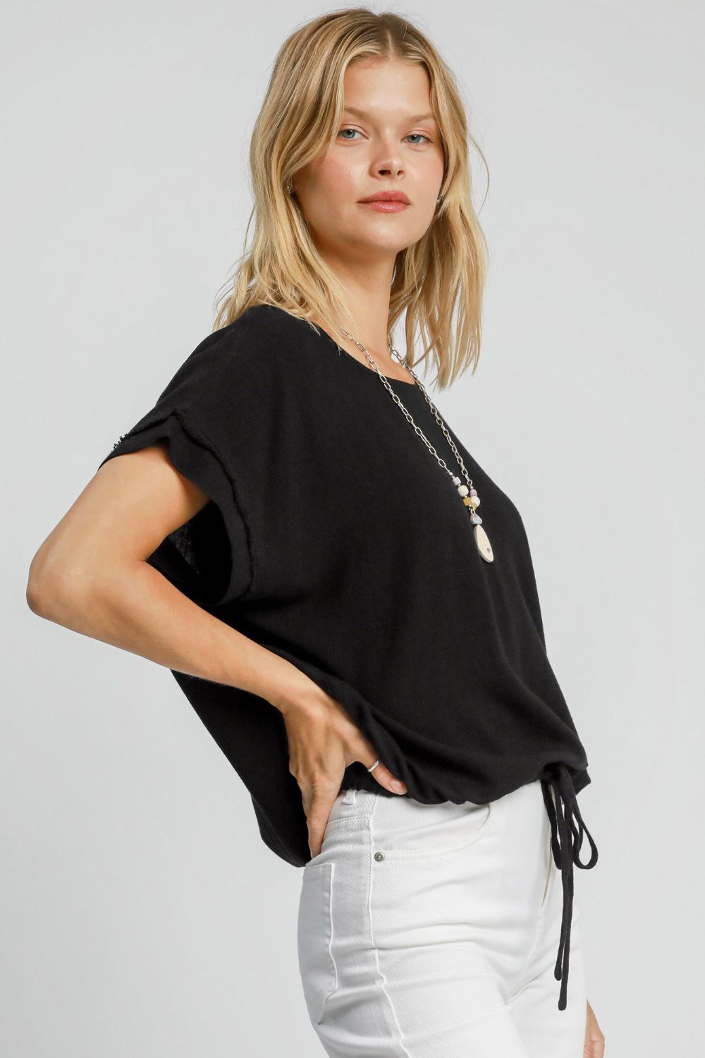 Umgee Drawstring Hem Round Neck Short Sleeve T-Shirt - Black us.meeeshop - 