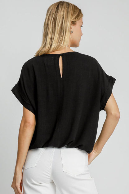 Umgee Drawstring Hem Round Neck Short Sleeve T-Shirt - Black us.meeeshop - 