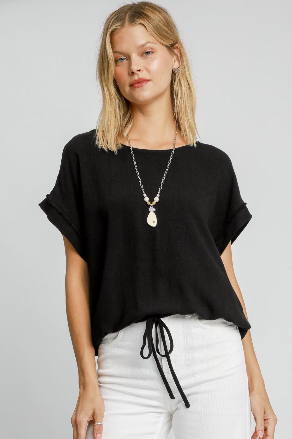 Umgee Drawstring Hem Round Neck Short Sleeve T-Shirt - Black us.meeeshop - Shirts & Tops