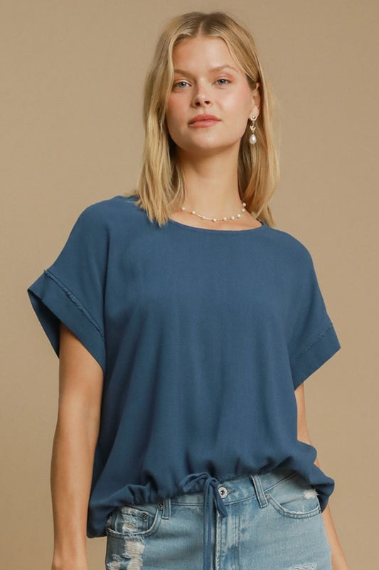 Umgee Drawstring Hem Round Neck Short Sleeve T-Shirt - Blue us.meeeshop - Shirts & Tops