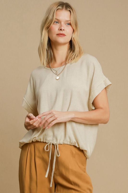 Umgee Drawstring Hem Round Neck Short Sleeve T-Shirt - Oatmeal us.meeeshop - Shirts & Tops