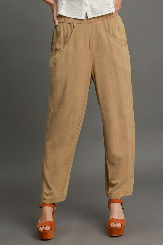 Umgee Elastic Waist Baggy Fit Pants with Pockets - Latte us.meeeshop - Pants