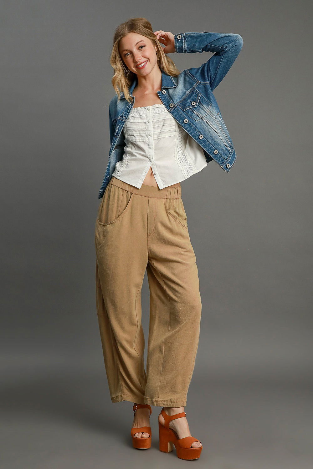 Umgee Elastic Waist Baggy Fit Pants with Pockets - Latte us.meeeshop - 