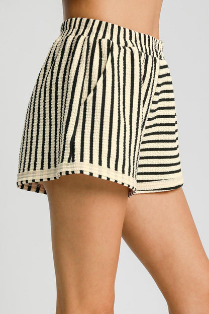 Umgee Elastic Waist Striped Shorts with Pockets - Cream us.meeeshop - 