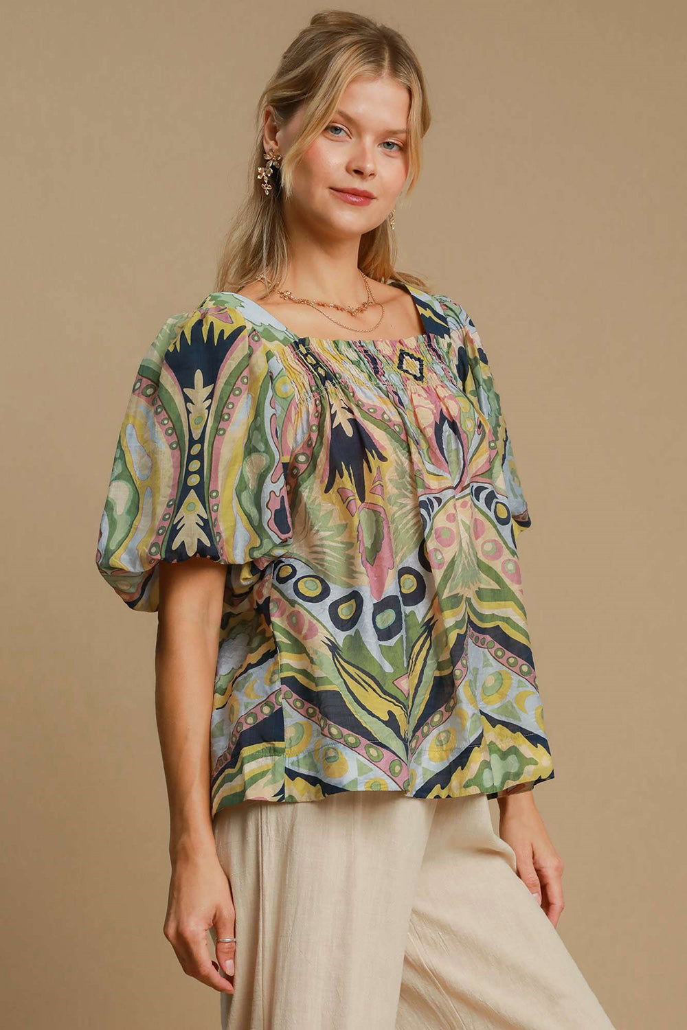 Umgee Full Size Abstract Print Smocked Square Neck Puff Sleeve Blouse - Green us.meeeshop - Shirts & Tops