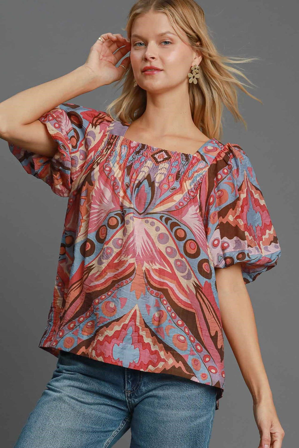 Umgee Full Size Abstract Print Smocked Square Neck Puff Sleeve Blouse us.meeeshop - Shirts & Tops