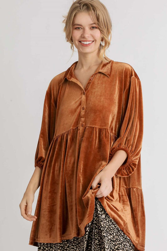 Umgee Full Size Button Down Tiered Back High Low Shirt - Terracotta us.meeeshop - Shirts & Tops