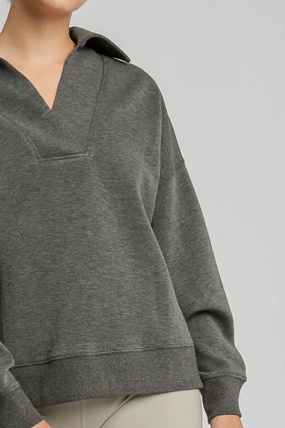 Umgee Johnny Collar Dropped Shoulder Sweatshirt - Charcoal us.meeeshop - 