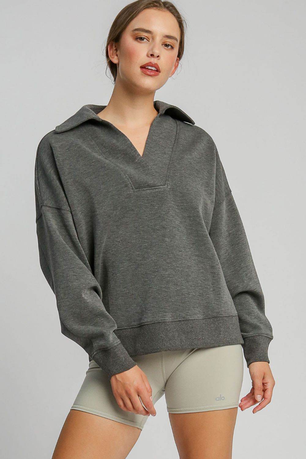 Umgee Johnny Collar Dropped Shoulder Sweatshirt - Charcoal us.meeeshop - Shirts & Tops