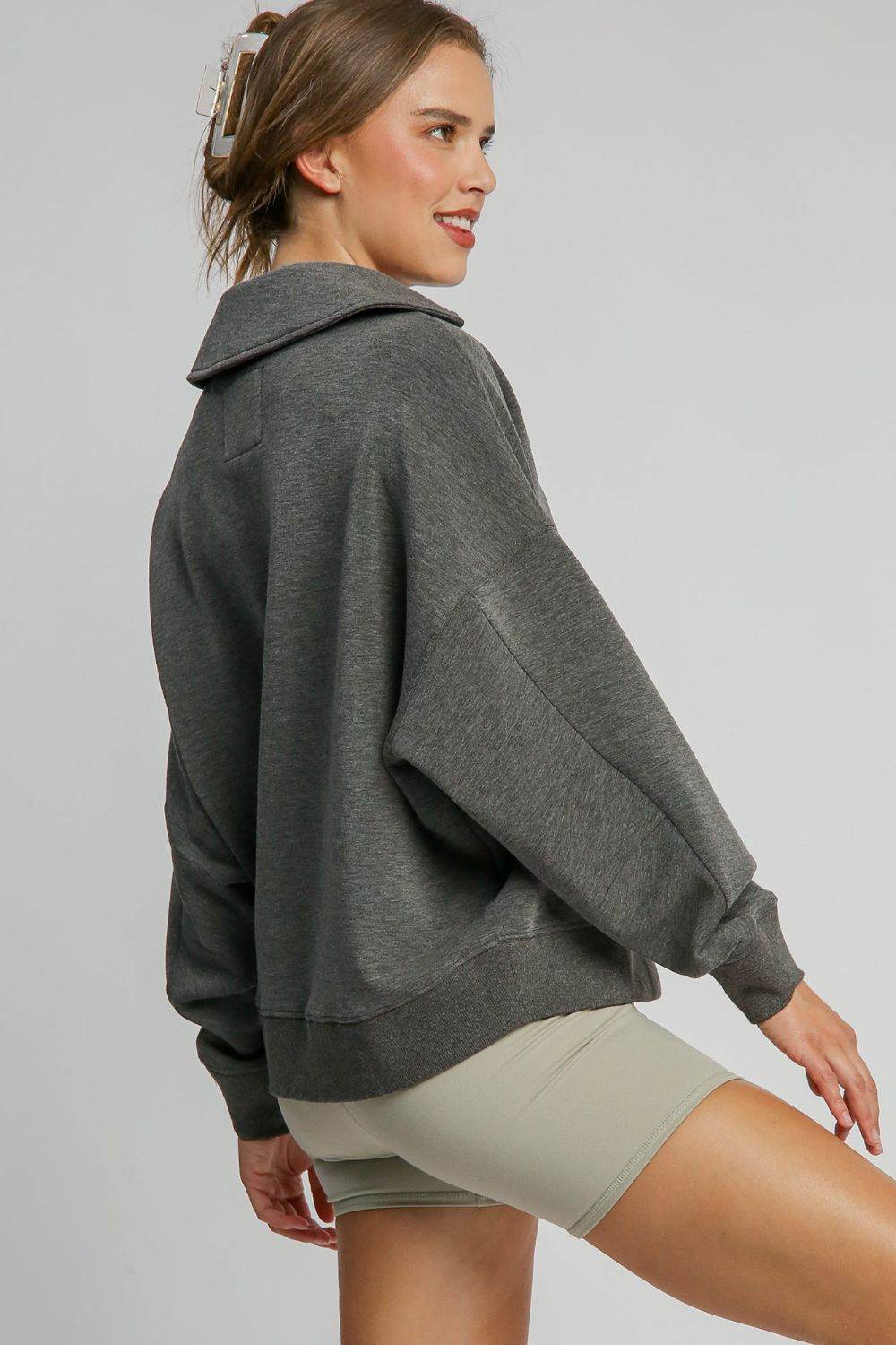 Umgee Johnny Collar Dropped Shoulder Sweatshirt - Charcoal us.meeeshop - 