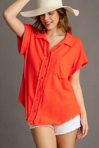 Umgee Linen Blend Button Down Short Folded Sleeve Shirt Plus Size - us.meeeshop