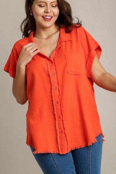 Umgee Linen Blend Button Down Short Folded Sleeve Shirt Plus Size - us.meeeshop