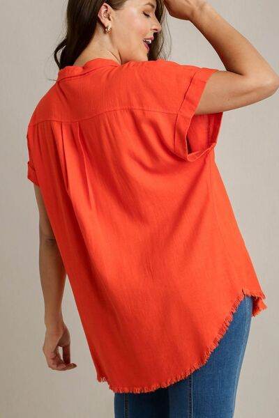 Umgee Linen Blend Button Down Short Folded Sleeve Shirt Plus Size - us.meeeshop