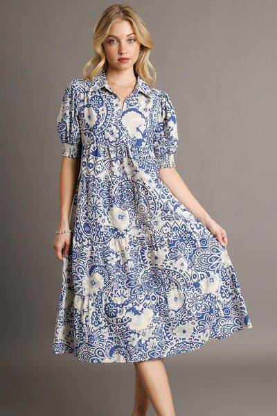 Umgee Printed Smocked Cuff Puff Sleeve Midi Dress Plus Size - us.meeeshop