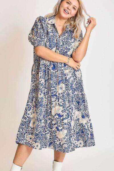 Umgee Printed Smocked Cuff Puff Sleeve Midi Dress Plus Size - us.meeeshop