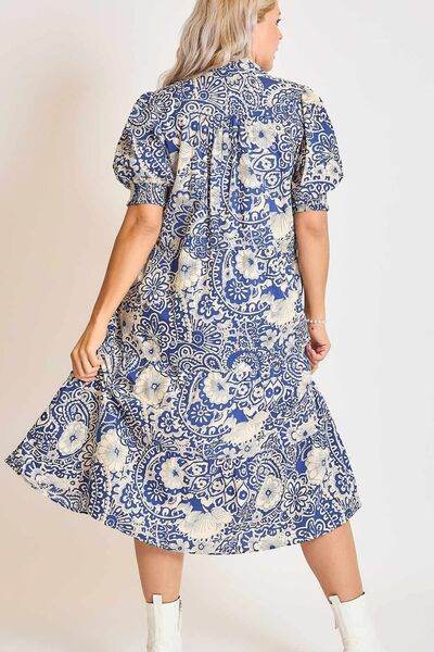 Umgee Printed Smocked Cuff Puff Sleeve Midi Dress Plus Size - us.meeeshop