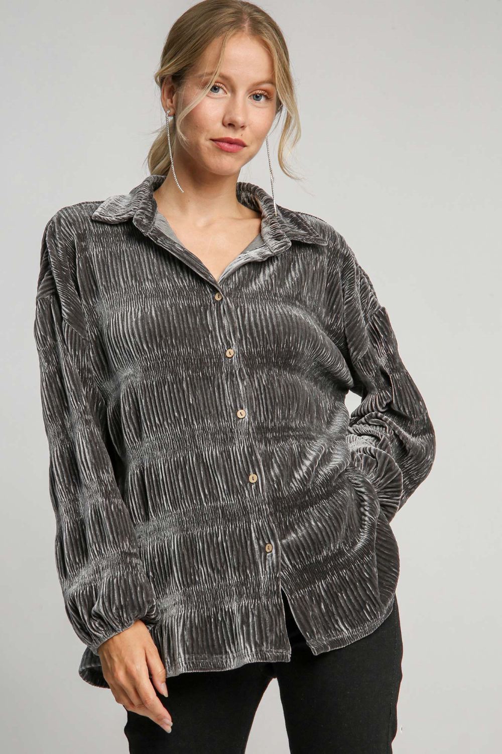 Umgee Ruched Tiered Button Up Shirt us.meeeshop - Shirts & Tops