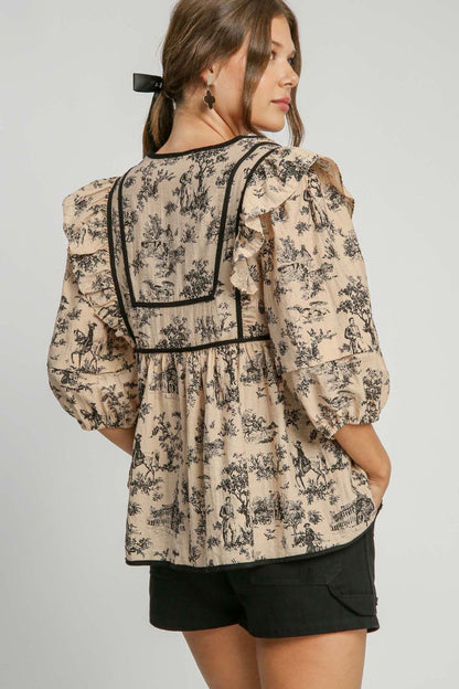 Umgee Ruffled Tie Neck Puff Sleeve Babydoll Blouse - Taupe us.meeeshop - 