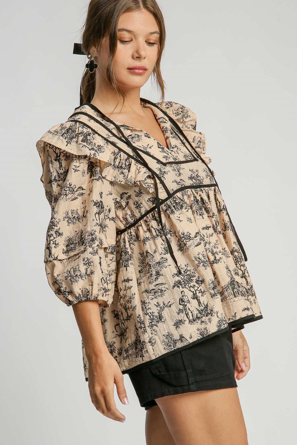 Umgee Ruffled Tie Neck Puff Sleeve Babydoll Blouse - Taupe us.meeeshop - 