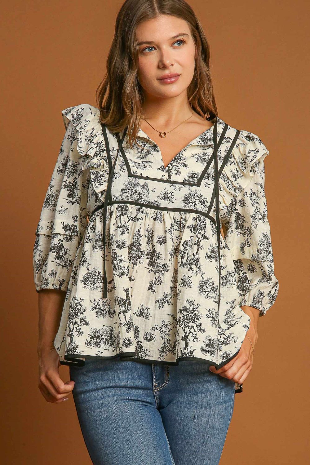 Umgee Ruffled Tie Neck Puff Sleeve Babydoll Blouse us.meeeshop - Shirts & Tops