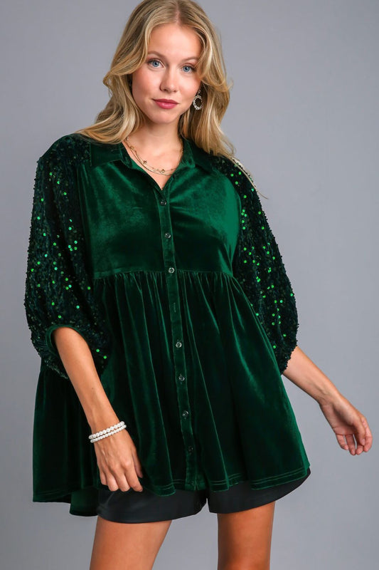 Umgee Sequin Detail Tiered Back Half Sleeve Shirt - Green us.meeeshop - Shirts & Tops