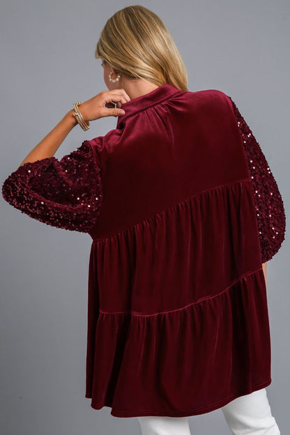 Umgee Sequin Detail Tiered Back Half Sleeve Shirt - Wine us.meeeshop - 