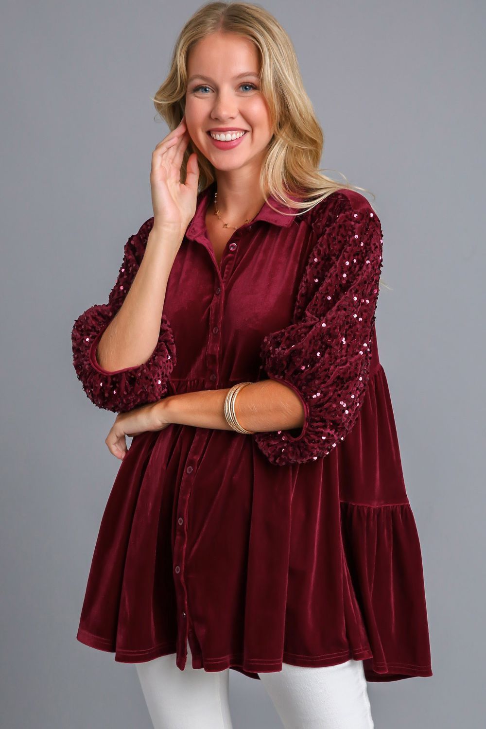 Umgee Sequin Detail Tiered Back Half Sleeve Shirt - Wine us.meeeshop - Shirts & Tops