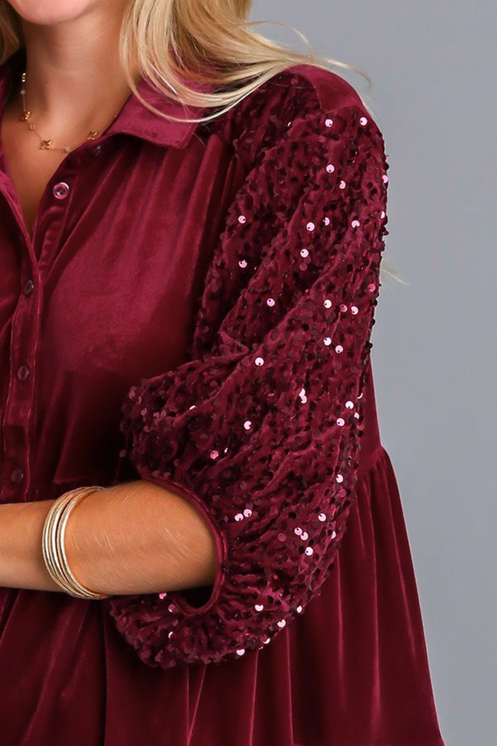 Umgee Sequin Detail Tiered Back Half Sleeve Shirt - Wine us.meeeshop - 