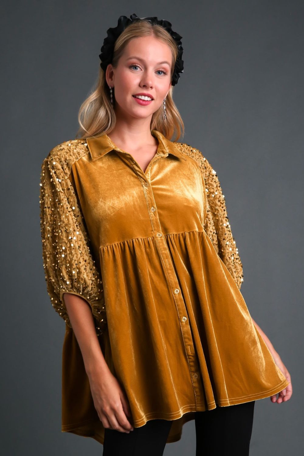 Umgee Sequin Detail Tiered Back Half Sleeve Shirt us.meeeshop - Shirts & Tops