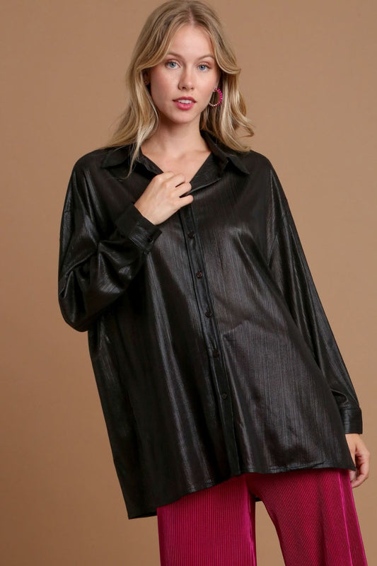 Umgee Side Slit Button Up Long Sleeve Shirt us.meeeshop - Shirts & Tops